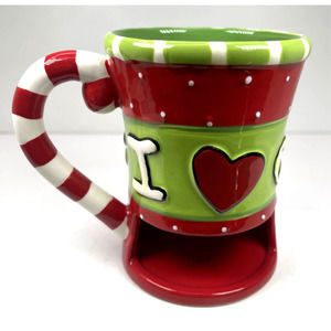 "I Love Christmas" Red White Green White Dots Candy Cane Handle Mug